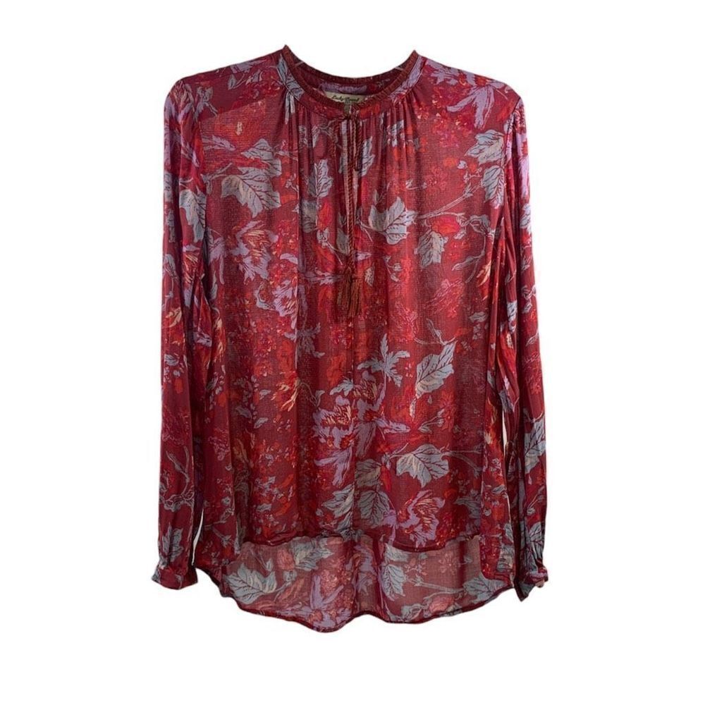 Lucky Brand Red Floral Boho Tassels Blouse Size S
